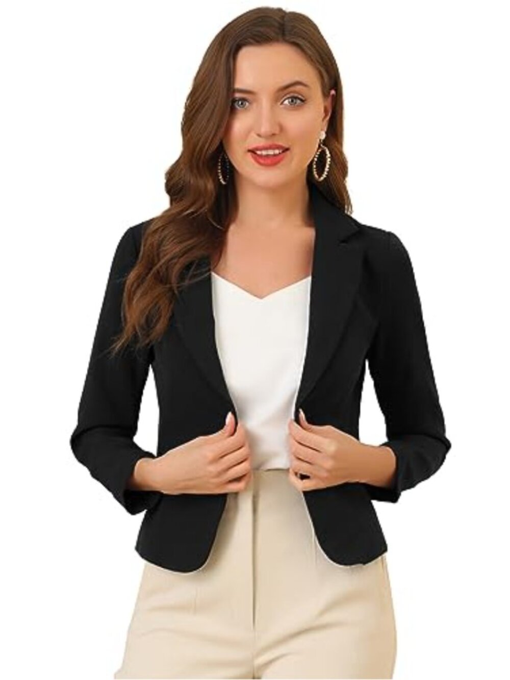 Open Front Notched Lapel Crop Blazer Jacket for Office Work Business